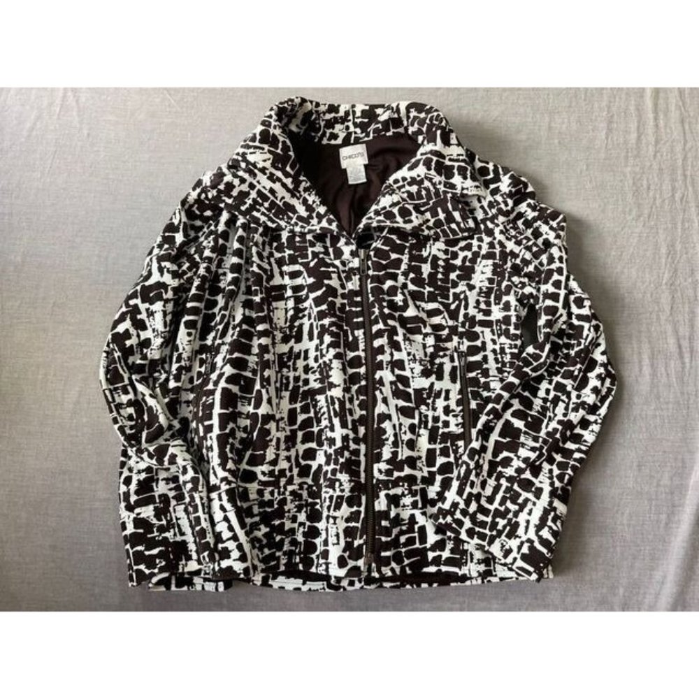 Chico´s‎ Jacket Womens 1 White Animal Print Long Sleeve Full Zip Blazer Ladies